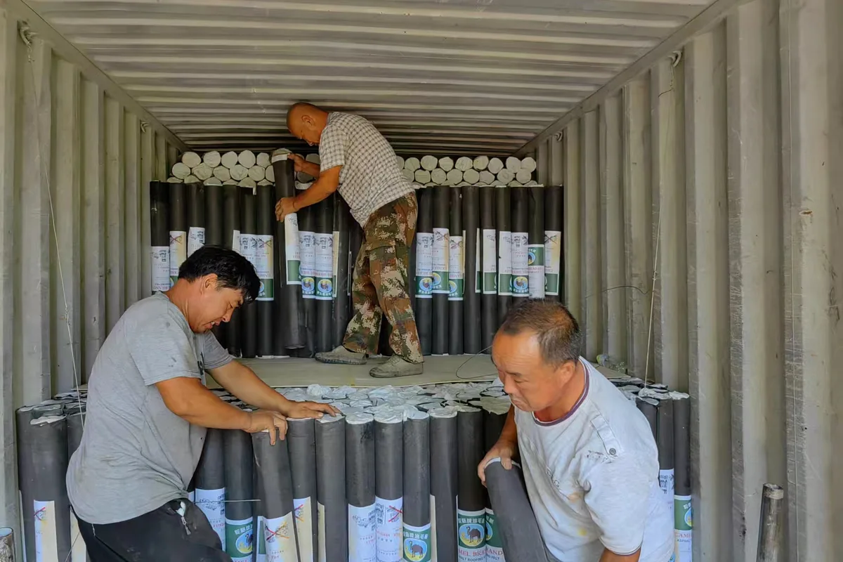 Roofing felt rolls packed for container shipment