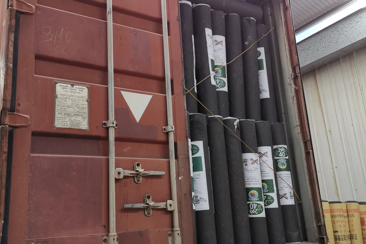 Roofing felt rolls packed for container shipment