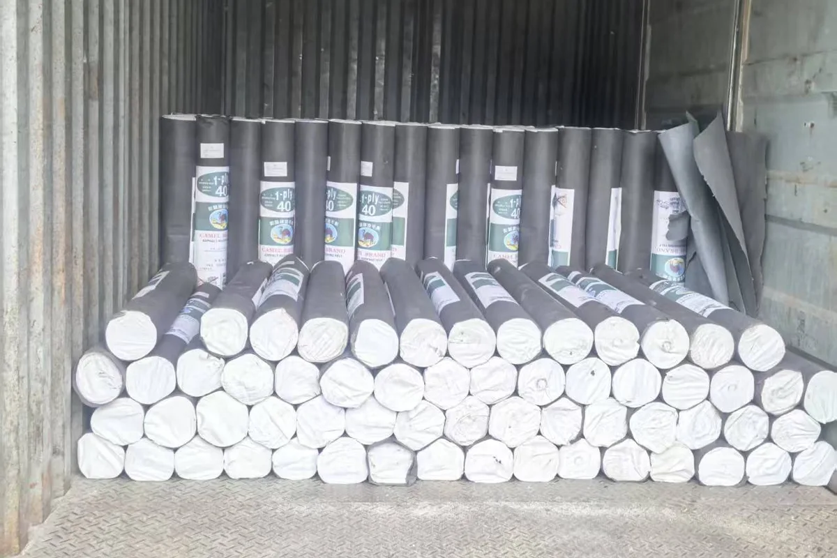 Roofing felt rolls packed for container shipment