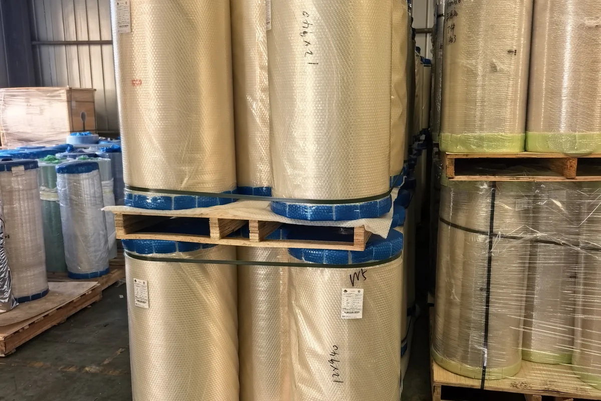 Palletized film rolls prepared for handling